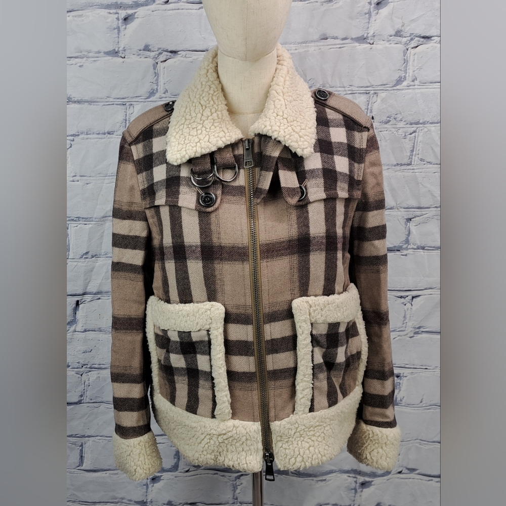 Burberry Brit Women's Wool Jacket Nova Check Faux Shearling Winter Bomber 6 US